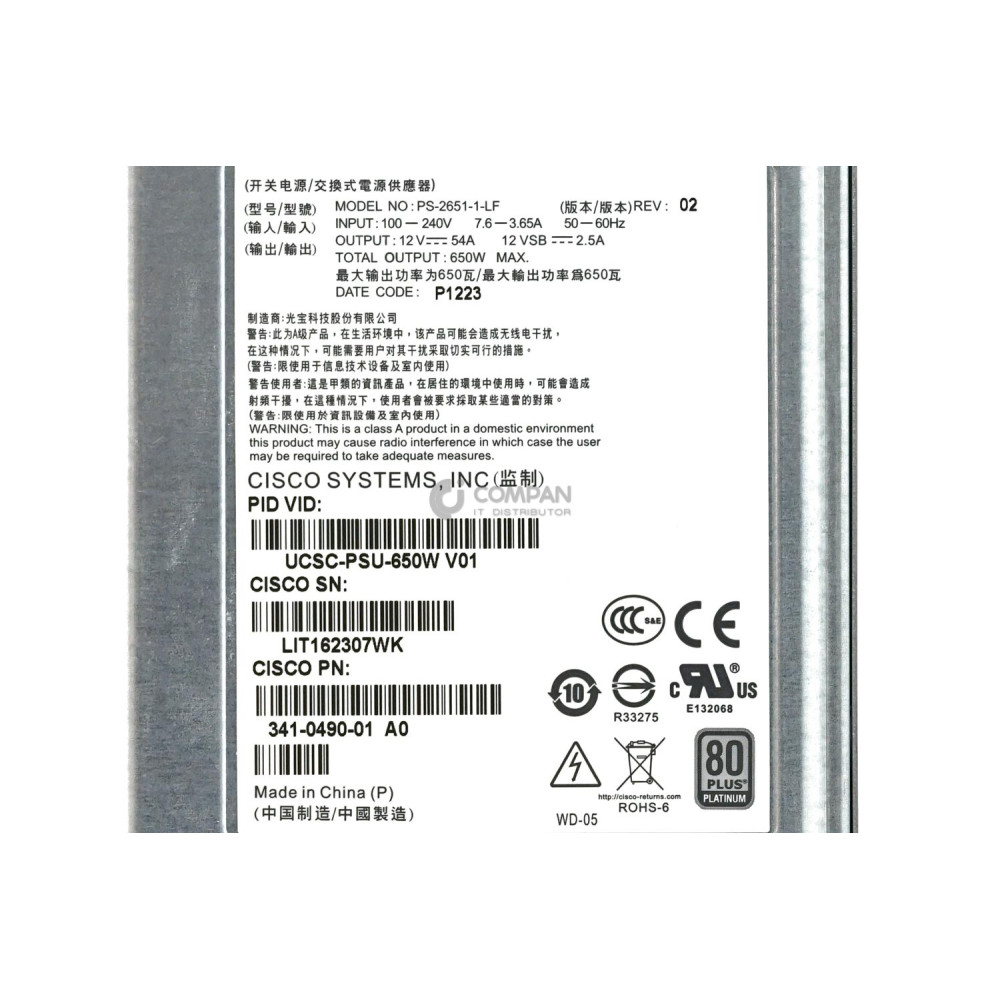 341-0490-01 CISCO 650W POWER SUPPLY FOR CISCO UCS C220 M3